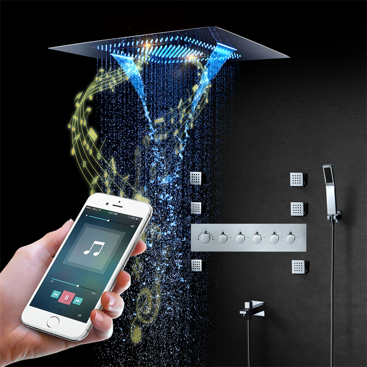 Chrome Ceiling Mounted 600*800mm Rainfall Waterfall Mist LED Music shower head Bathroom Thermostatic Shower Faucet System