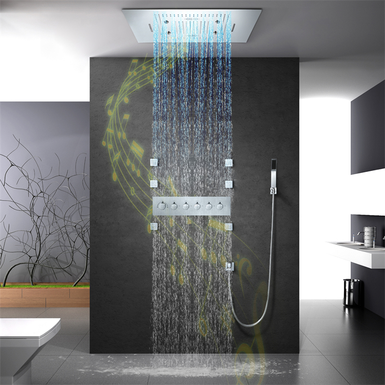 Chrome Ceiling Mounted 600*800mm Rainfall Waterfall Mist LED Music shower head Bathroom Thermostatic Shower Faucet System
