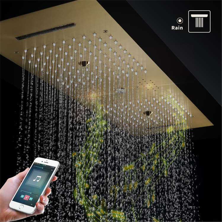 HIDEEP 36*12 inch brushed gold LED music shower head  rainfall waterfall column mist 64 kinds of color bathroom thermostatic LED shower faucet set