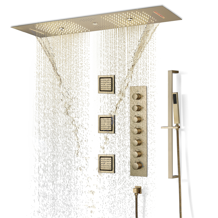 Music LED Shower System Brushed Gold Ceiling Embedded 36*12 inch Shower Head Rain Waterfall Column Mist  Bathroom Thermostatic Shower Faucet Set
