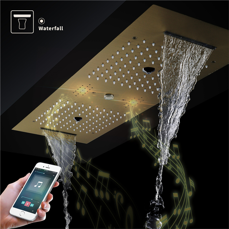 Music LED Shower System Brushed Gold Ceiling Embedded 36*12 inch Shower Head Rain Waterfall Column Mist  Bathroom Thermostatic Shower Faucet Set