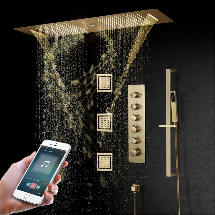HIDEEP 36*12 inch brushed gold LED music shower head  rainfall waterfall column 64 kinds of color bathroom thermostatic LED shower faucet set