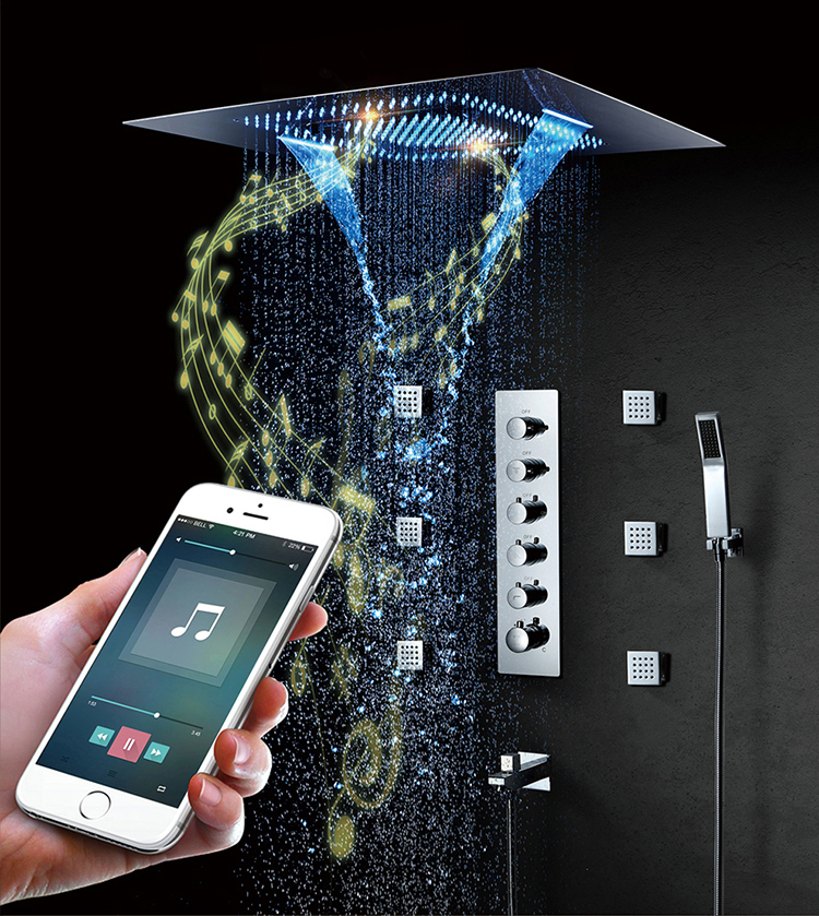 600*800mm SUS304 Shower Head Phone Control LED Music Rain Waterfall Mist Ceiling Mounted Bathroom Thermostatic Shower Faucet