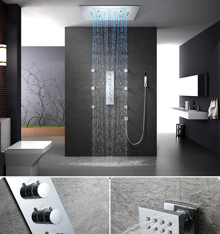 600*800mm SUS304 Shower Head Phone Control LED Music Rain Waterfall Mist Ceiling Mounted Bathroom Thermostatic Shower Faucet