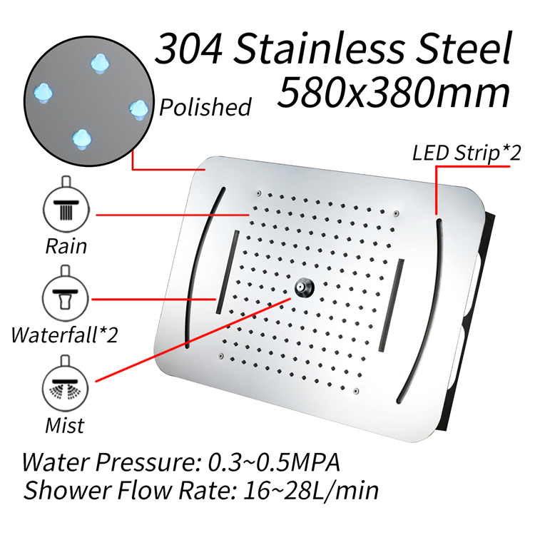 Ceiling Mounted LED Shower Head SUS304 580*380mm Mist Rain and Waterfall Shower Head Remote Control 