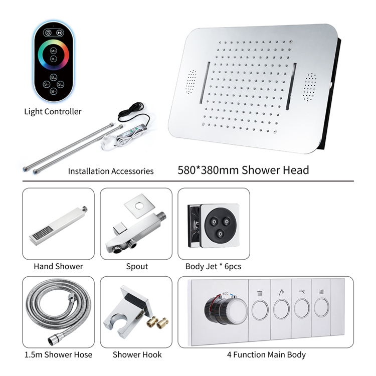 Ceiling Embedded 580*380mm LED Shower Head with Music Speaker Rain Waterfall Button Control Thermostatic Shower Faucet Set