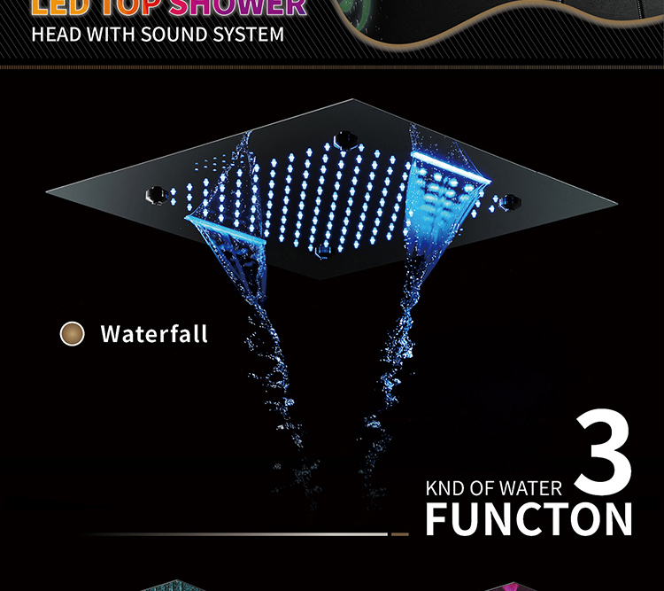 20 Inch LED Music Ceiling Mounted Shower Head Rainfall Waterfall Mist Thermostatic Main Body Bathroom Shower Faucet Set