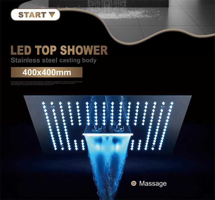 Bathroom ceiling mounted 400*400mm LED shower head rainfall waterfall mist LED thermostatic shower faucet set