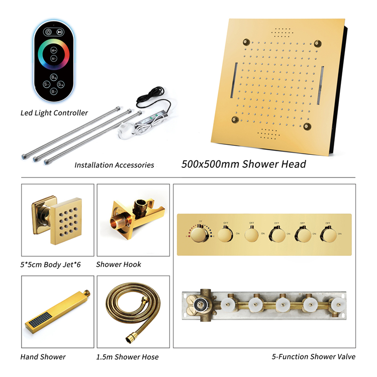 Gold Ceiling Mounted LED Shower Head with Music System SUS304 500*500mm rainfall Waterfall Mist Shower Bathroom Thermostatic Shower Faucet Set