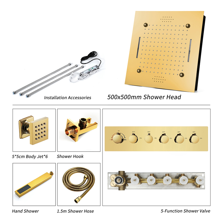 Gold Ceiling Mounted LED Shower Head with Music System SUS304 500*500mm rainfall Waterfall Mist Shower Bathroom Thermostatic Shower Faucet Set