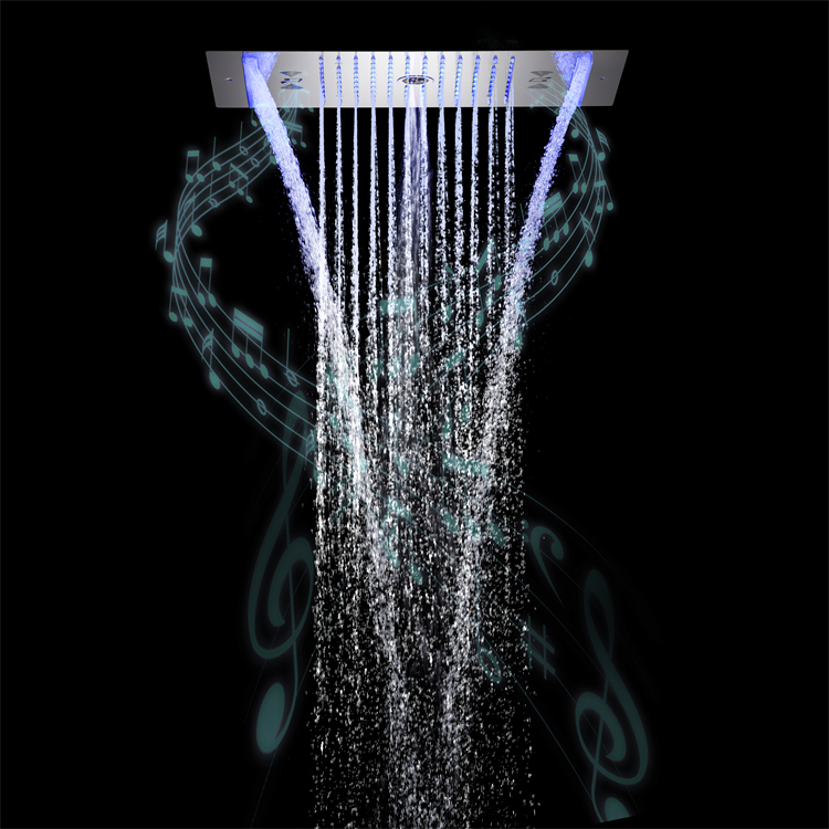 Ceiling mounted 600*300mm LED music shower head rainfall waterfall rotation water 3 function shower head