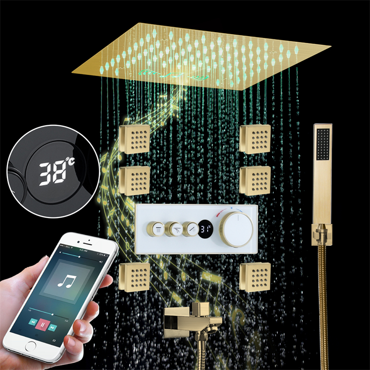 LED Shower System 12 Inch Rain Shower Head with Music Speaker Temperature Display Thermostatic Bathroom Shower Faucet Set