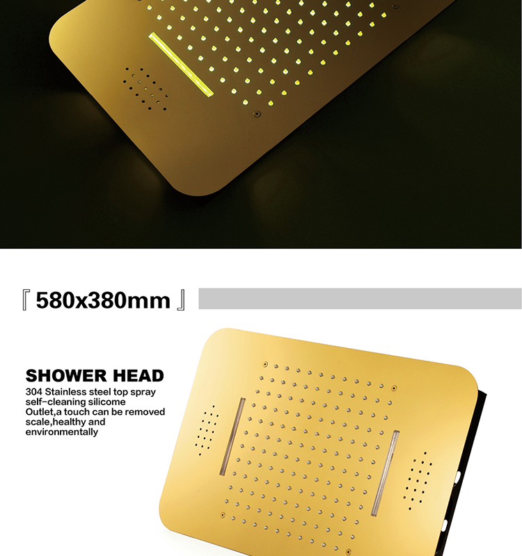 HIDEEP Gold 580*380mm LED Music Rain and Waterfall Shower Head Thermostatic Main Body Ceiling Mounted Bathroom Shower Faucet Set