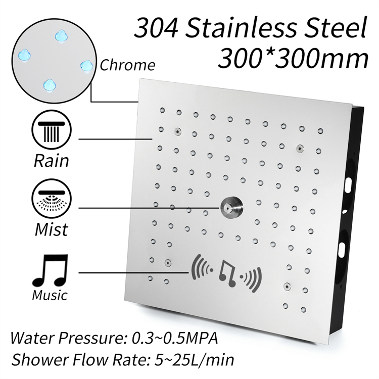 SUS304 12 Inch LED Shower Head with Music Speaker Mist and Rain Shower Ceiling Embedded Bathroom Shower Head