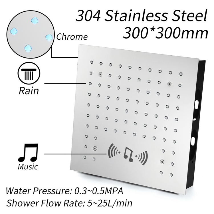 SUS304 12 Inch LED Shower Head with Music Speaker Mist and Rain Shower Ceiling Embedded Bathroom Shower Head