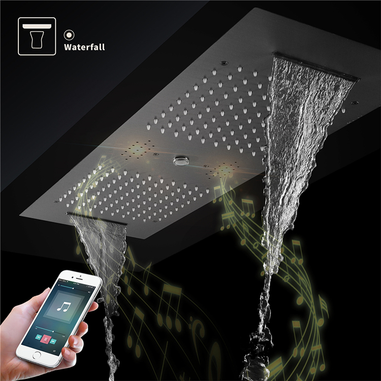 Music LED Shower Head SUS304 Black 900*300mm Rainfall Waterfall Column Ceiling Embedded Bathroom Shower System
