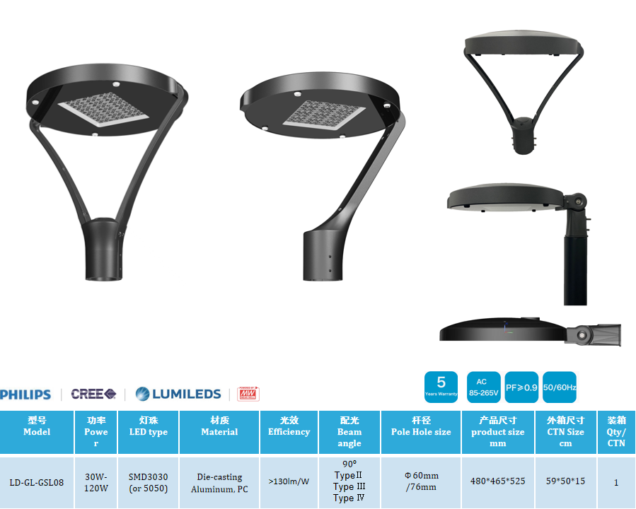 LED Garden Light  LD-GL-GSL08 30W 40W 50W 60W 75W 100W 120W  Garden lamp pole top light Post Top Light asymmetric garden light