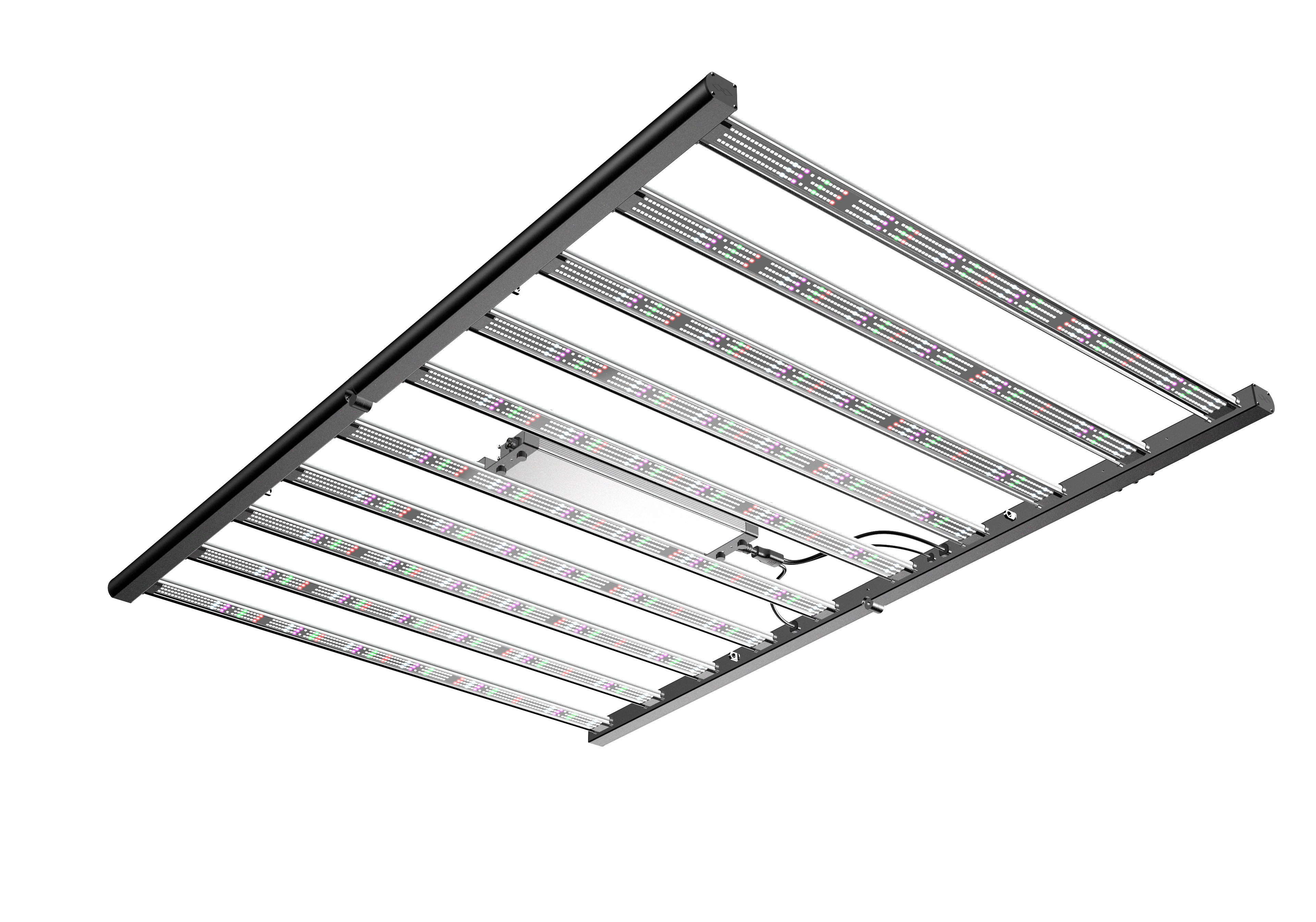 Plant-facing view of the ROHE 1000W 10-bar LED grow light: diode arrays on ten bars toward the canopy. The onboard driver is on the opposite, ceiling side and is not mounted on this face.