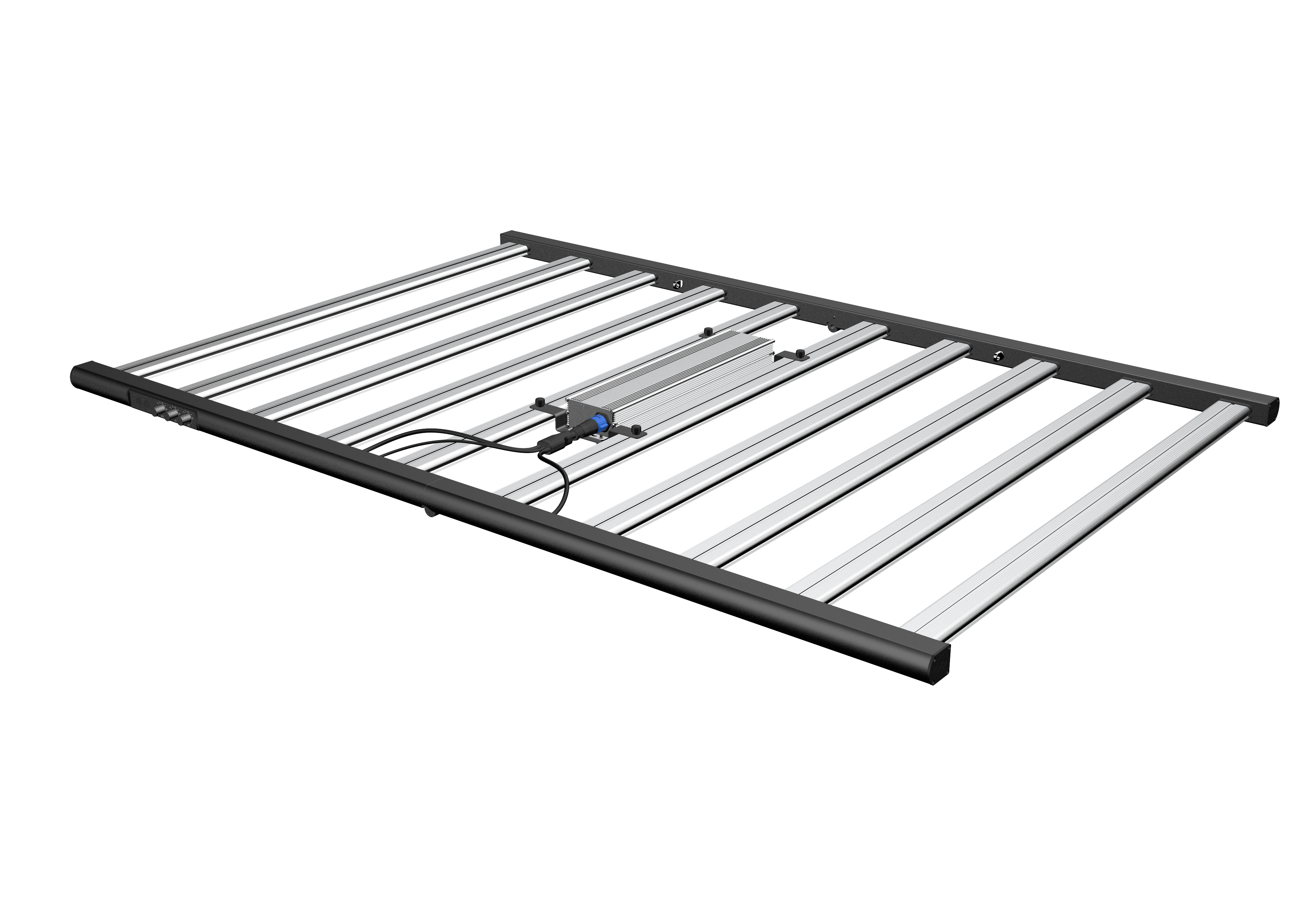 Ceiling-side view of the ROHE 1000W 10-bar LED grow light: onboard driver on the back, three rotary knobs on the left black rail corner, and a blue waterproof connector on the driver. LED diodes face away from the camera.