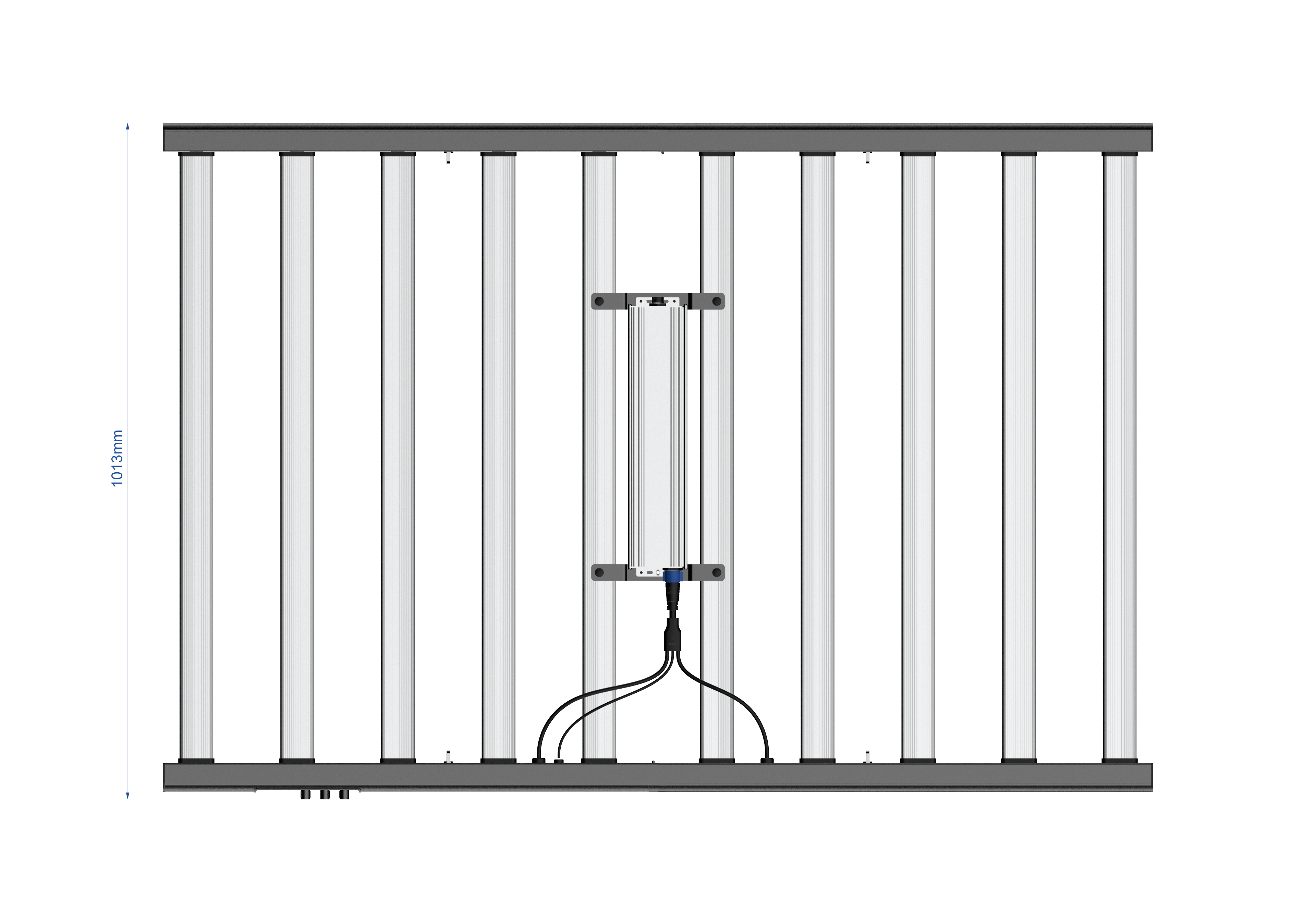 Ceiling-side technical drawing of the ROHE 1000W 10-bar LED grow light with onboard driver on the back, three knobs on the left rail corner, and a 1013 mm dimension on one axis. LED diodes face away from the camera.