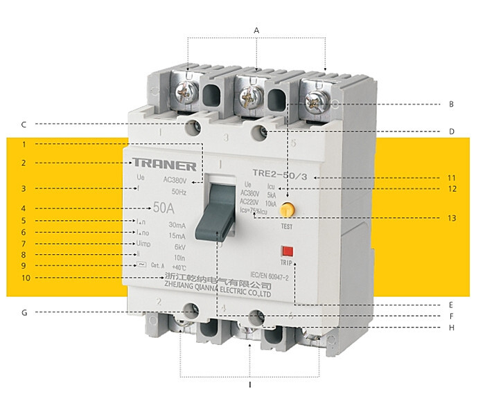 TRANER MCCB Circuit Breaker TRE2-50/3 Din-Rail type Earth Leakage Breaker IEC/EN 60947 2