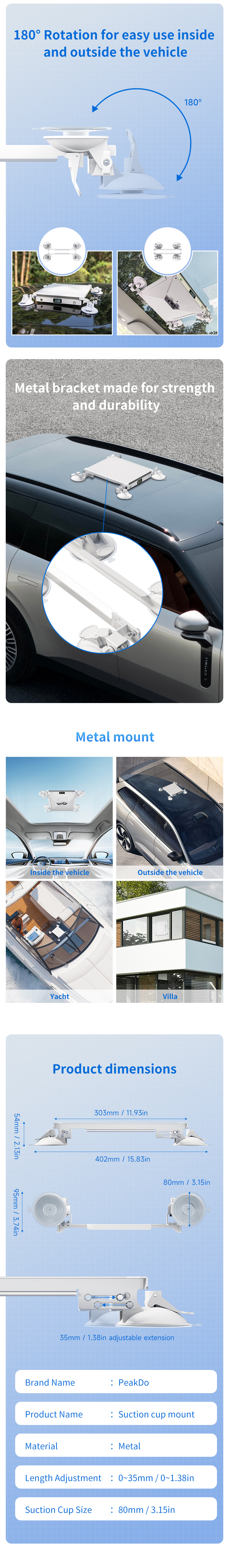 PeakDo 180° Rotatable Suction Cup Mount for Starlink Mini   