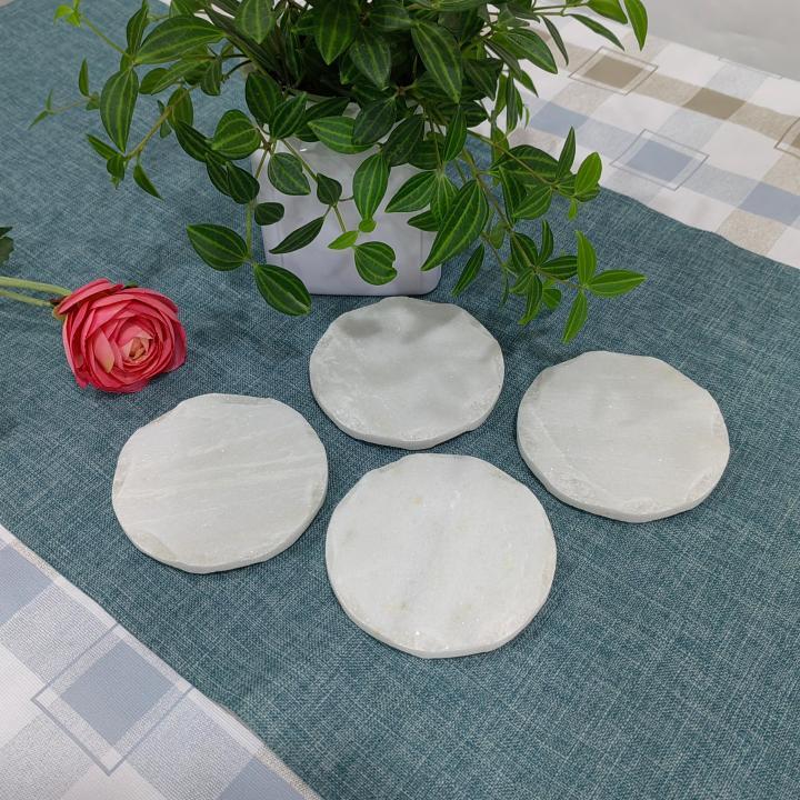 White Round Natural Marble Mug Coasters With Chisel Axe Edge Bar Dining Tea Coffee Cup Mat Coasters
