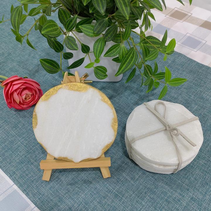 White Round Natural Marble Mug Coasters With Chisel Axe Edge Bar Dining Tea Coffee Cup Mat Coasters