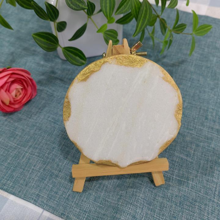 White Round Natural Marble Mug Coasters With Chisel Axe Edge Bar Dining Tea Coffee Cup Mat Coasters