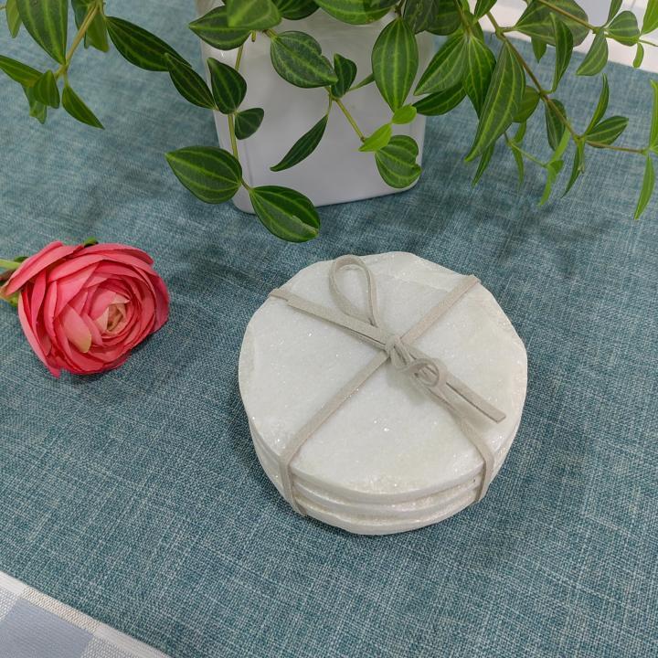White Round Natural Marble Mug Coasters With Chisel Axe Edge Bar Dining Tea Coffee Cup Mat Coasters