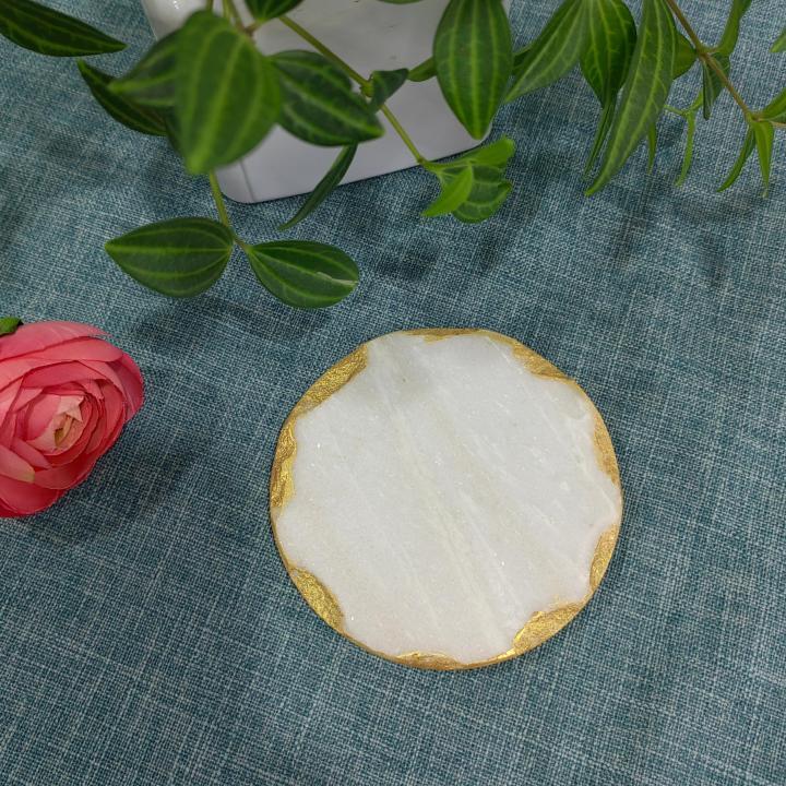 White Round Natural Marble Mug Coasters With Chisel Axe Edge Bar Dining Tea Coffee Cup Mat Coasters