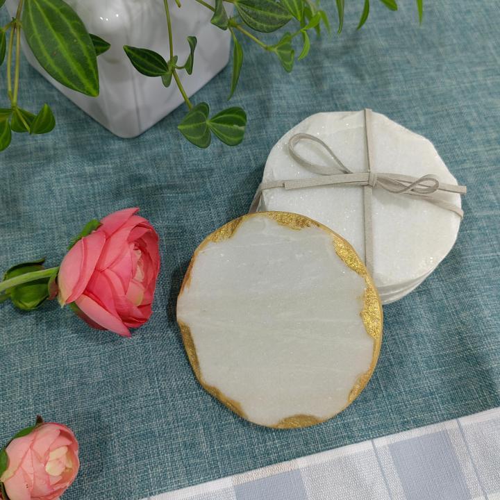 White Round Natural Marble Mug Coasters With Chisel Axe Edge Bar Dining Tea Coffee Cup Mat Coasters