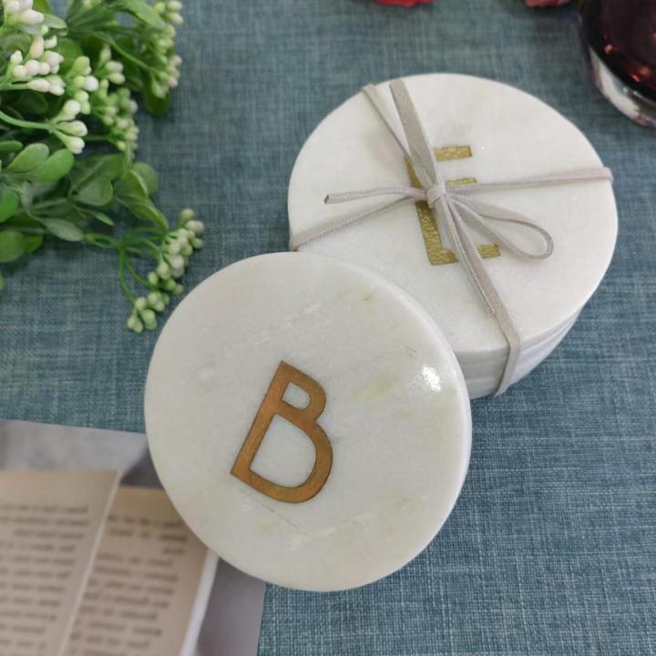 White Round Natural Marble Mug Coasters With Engraving Letters Bar Dining Tea Coffee Cup Mat Coasters