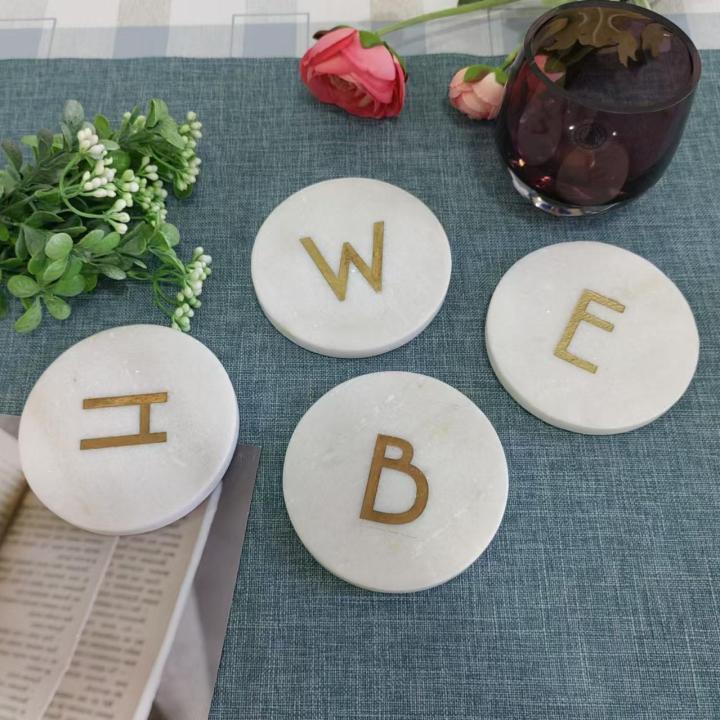 White Round Natural Marble Mug Coasters With Engraving Letters Bar Dining Tea Coffee Cup Mat Coasters