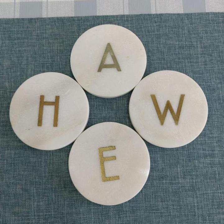 White Round Natural Marble Mug Coasters With Engraving Letters Bar Dining Tea Coffee Cup Mat Coasters
