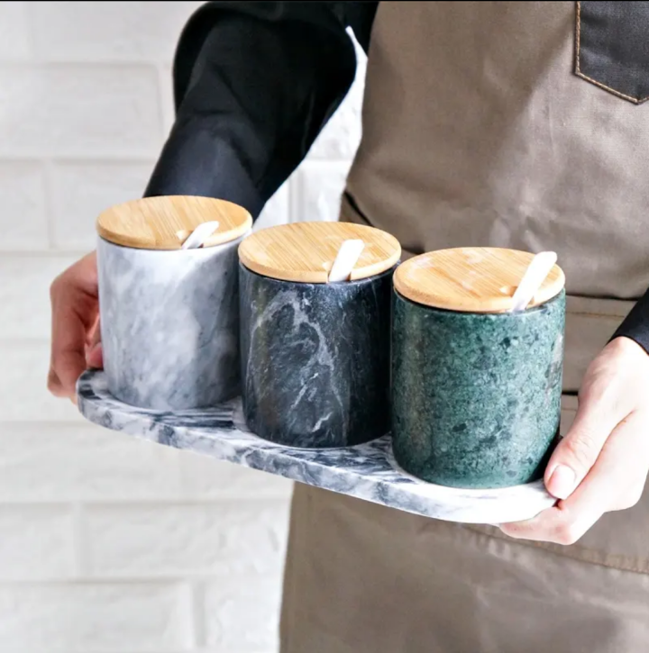 Luxury Natural Marble Stone Kitchen Storage Canister Spice Jar With Bamboo Lids and Marble or Bamboo Tray