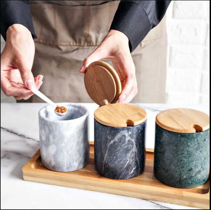 Luxury Natural Marble Stone Kitchen Storage Canister Spice Jar With Bamboo Lids and Marble or Bamboo Tray