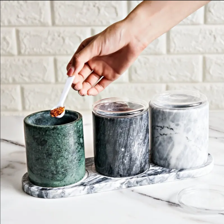 Luxury Natural Marble Stone Kitchen Storage Canister Spice Jar With Bamboo Lids and Marble or Bamboo Tray