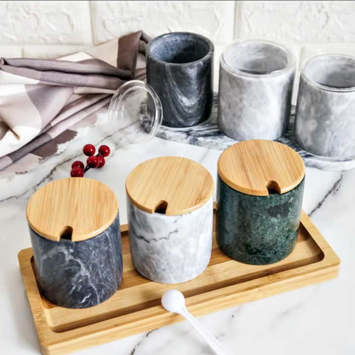 Luxury Natural Marble Stone Kitchen Storage Canister Spice Jar With Bamboo Lids and Marble or Bamboo Tray