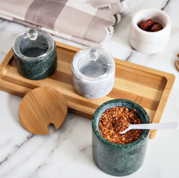 Luxury Natural Marble Stone Kitchen Storage Canister Spice Jar With Bamboo Lids and Marble or Bamboo Tray