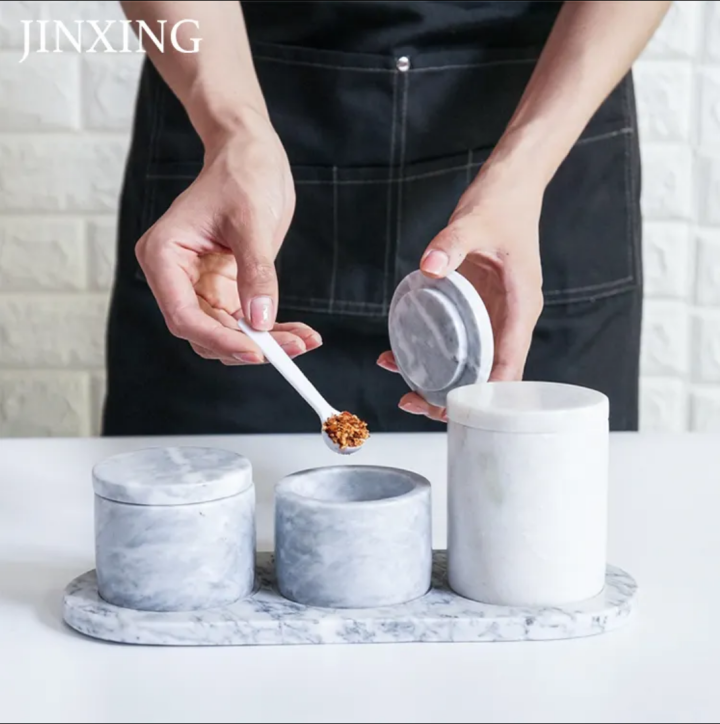 Luxury Natural Marble Stone Kitchen Storage Canister Spice Jar With Lids And Tray