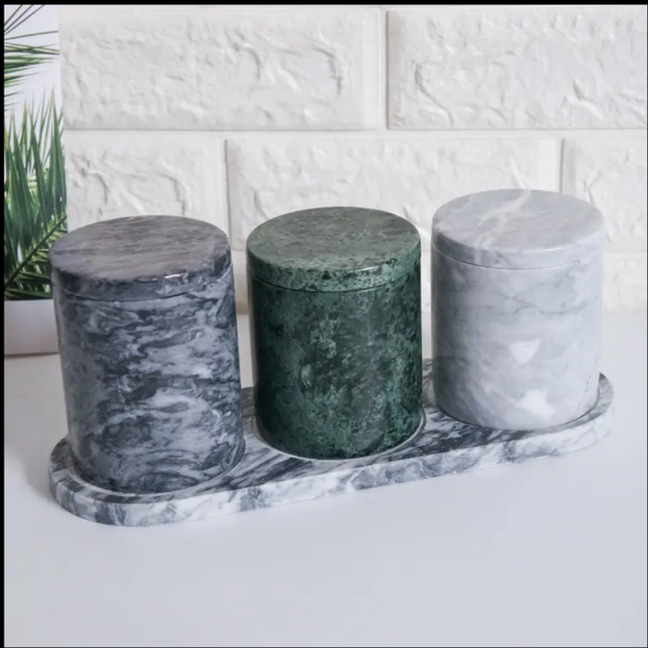 Luxury Natural Marble Stone Kitchen Storage Canister Spice Jar With Lids And Tray