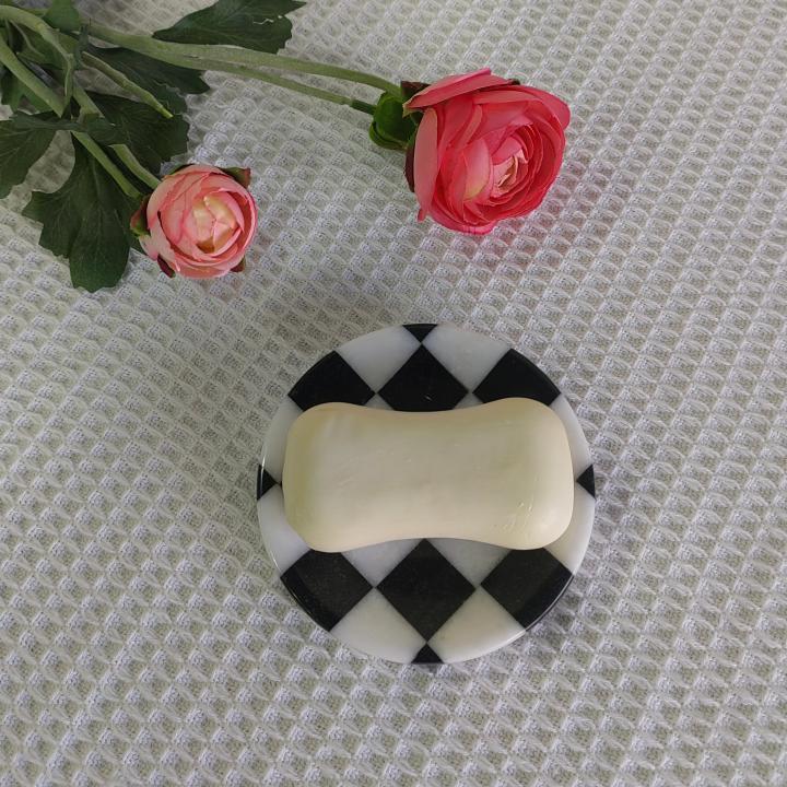 Round Black And White Black & White Black White Checked Checkered Checkerboard Marble Soap Dish
