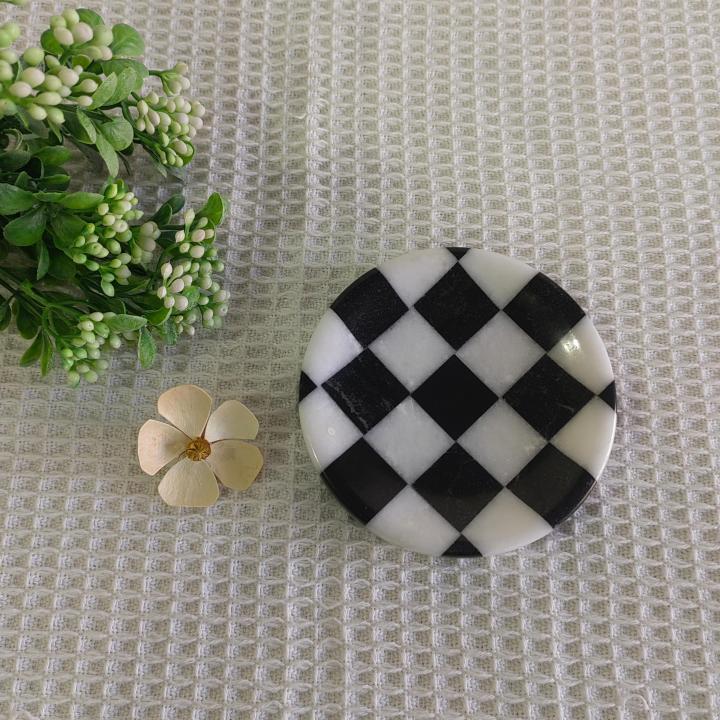 Round Black And White Black & White Black White Checked Checkered Checkerboard Marble Soap Dish