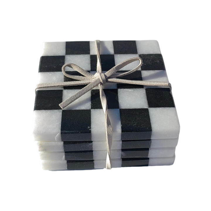 Black & White Checked Square Natural Marble Mug Coasters Coffee Cup Mat Coaster For Bar Dining Tea 