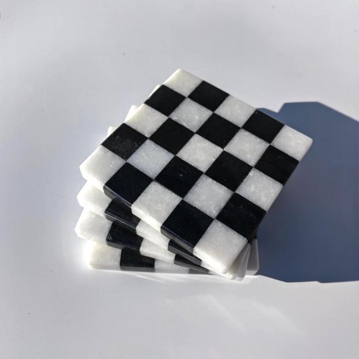 Black & White Checked Square Natural Marble Mug Coasters Coffee Cup Mat Coaster For Bar Dining Tea 