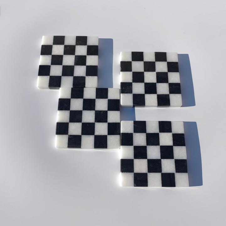 Black & White Checked Square Natural Marble Mug Coasters Coffee Cup Mat Coaster For Bar Dining Tea 