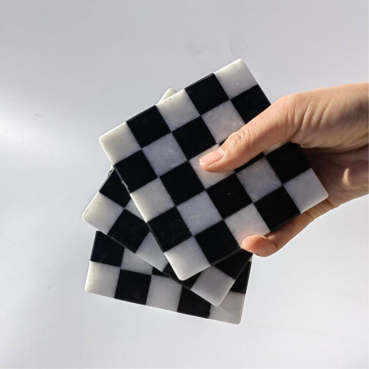 Black & White Checked Square Natural Marble Mug Coasters Coffee Cup Mat Coaster For Bar Dining Tea 