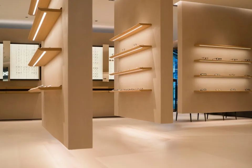 FUFINI Micro - Cement Case | AB Premium Optics Eyewear Store in Beijing Micro-cement cases, hotel renovation cases, actual scenes of FUFINI projects, commercial space design, renderings of micro-cement