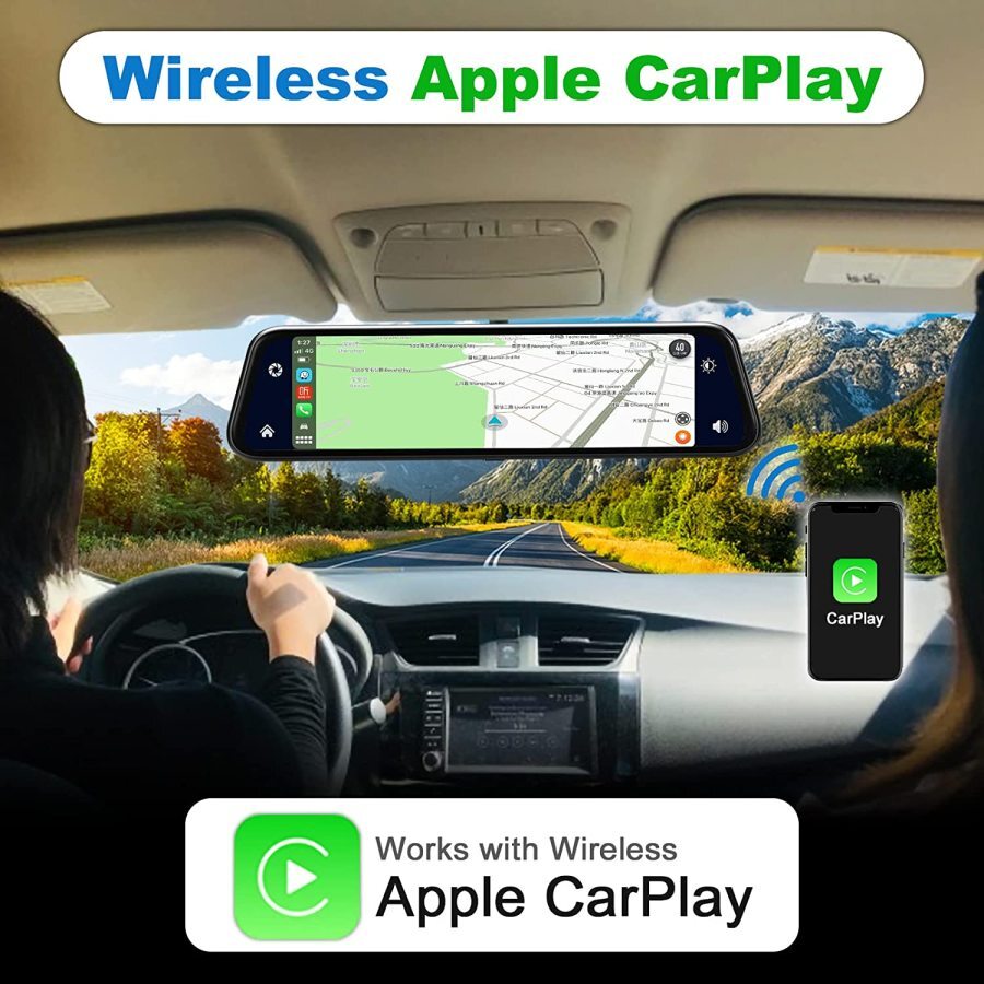 12" Smart Mirror Dashcam Wireless Apple CarPlay Android Auto